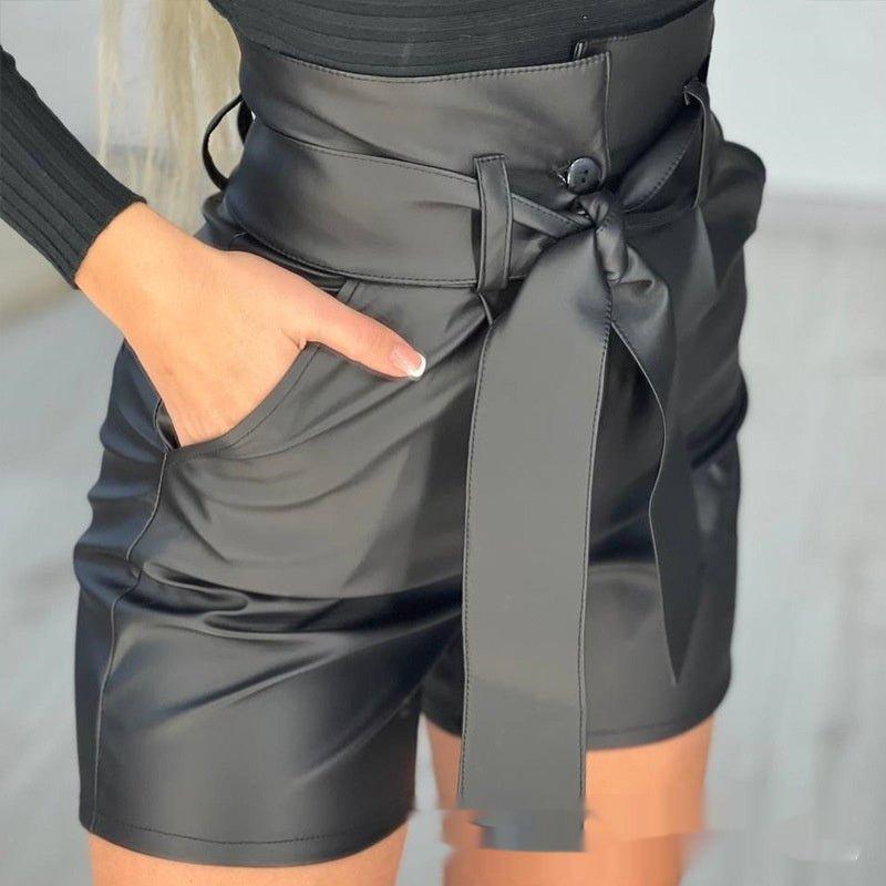 High Waist Black Strap PU Shorts with Belt - Sleek and Stylish - MRC STORE