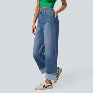 High - Waisted Jeans - Wide Leg Dark Blue - MRC STOREbottomsMy StorePerson wearing blue jeans and a green top on a light gray backgroundMRC STORECJNZ238426303CXDark BlueL