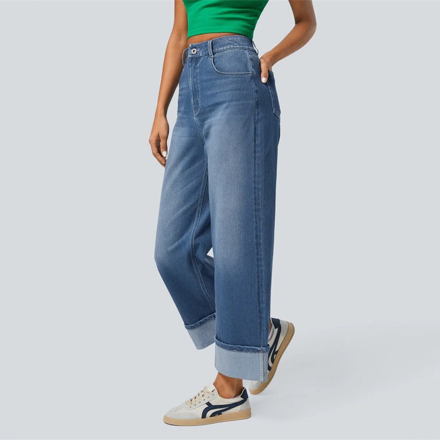 High - Waisted Jeans - Wide Leg Dark Blue - MRC STOREbottomsMy StorePerson wearing blue jeans and a green top on a light gray backgroundMRC STORECJNZ238426303CXDark BlueL