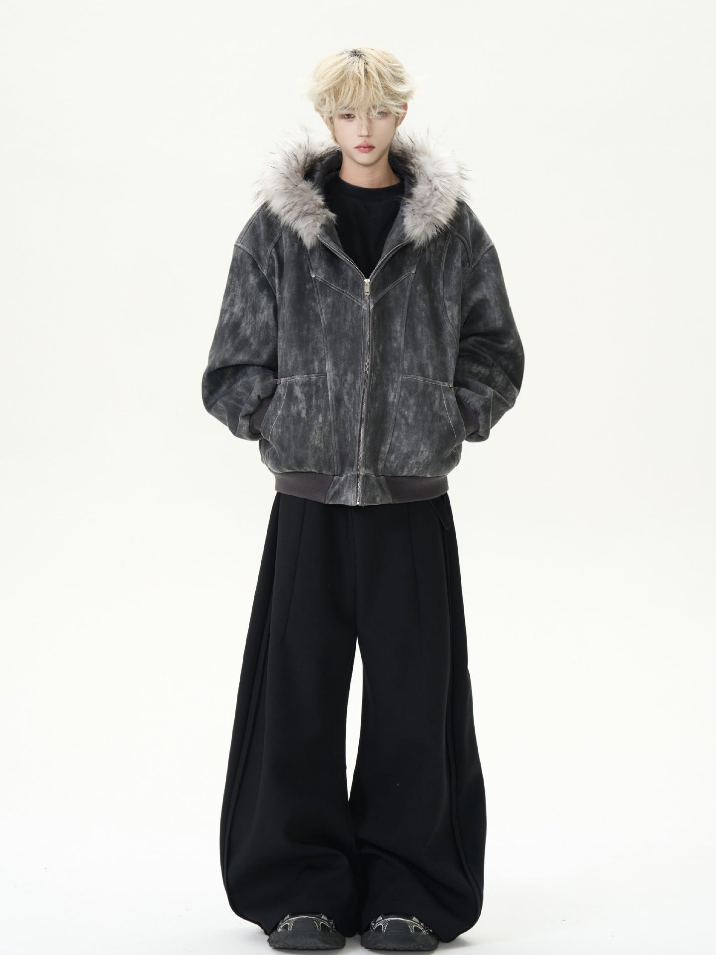 Hooded Large Fur Collar Cotton - Padded Coat - MRC STOREJacketsMRC STOREPerson wearing a gray distressed jacket with fur trim on a white backgroundMRC STORECJPK255133908HSGray2XL