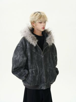 Hooded Large Fur Collar Cotton - Padded Coat - MRC STOREJacketsMRC STOREPerson wearing a dark gray jacket with fur trim on a white backgroundMRC STORECJPK255133904DWBlack2XL