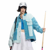 Irregular Color Contrast Patchwork Denim Jacket - MRC STORETopMRC STOREA person wearing a blue and white patchwork denim jacket with irregular color contrasts. The jacket has a casual style with visible pockets and button details.MRC STORECJXZ209847202BYBlueL