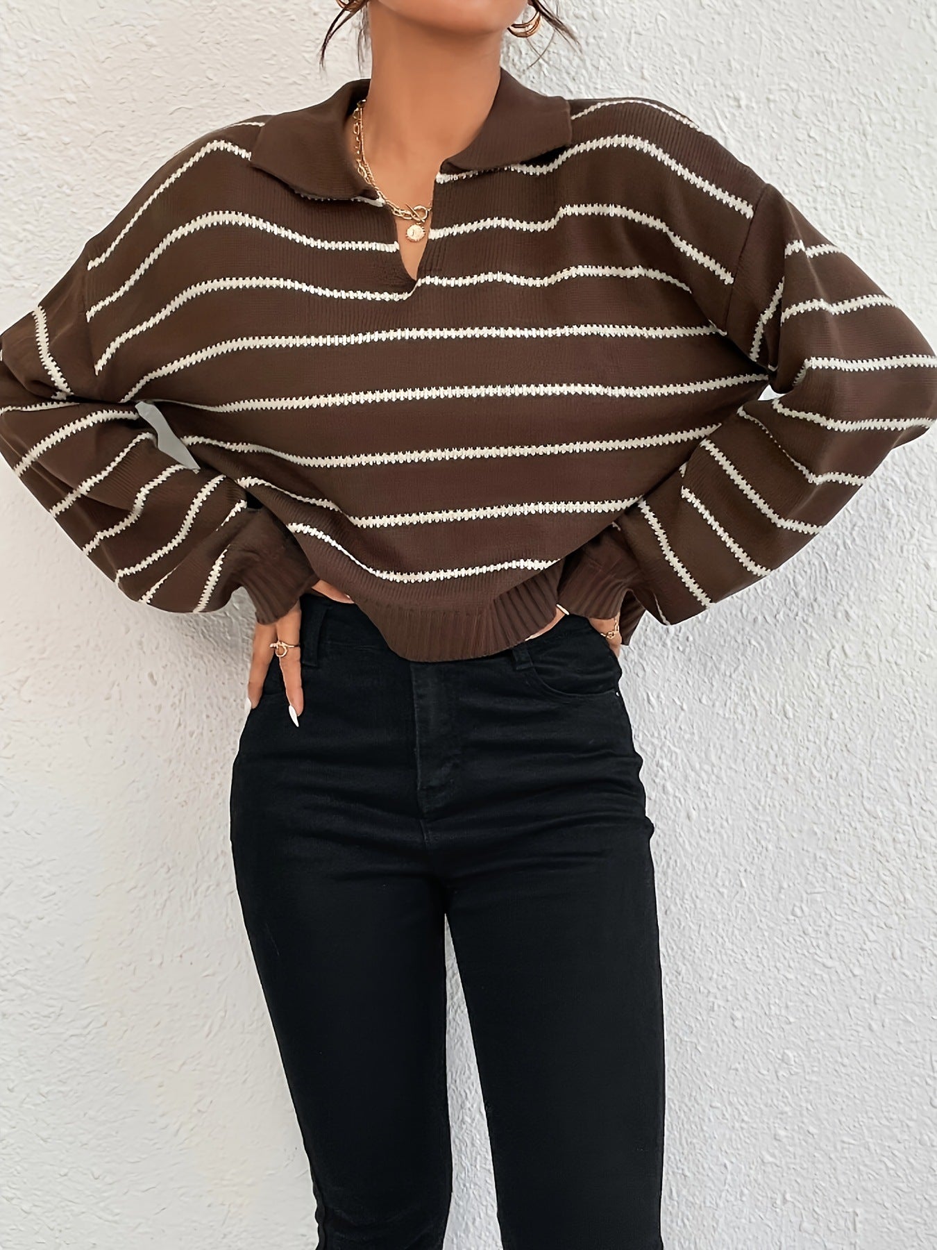 Knitted Sweater - Striped Loose Lapel - MRC STORESweaters & HoodiesMy StoreWomen’s Knitted Sweater - Striped Loose Lapel My Store MRC STORECJMY235556304DWBrownL