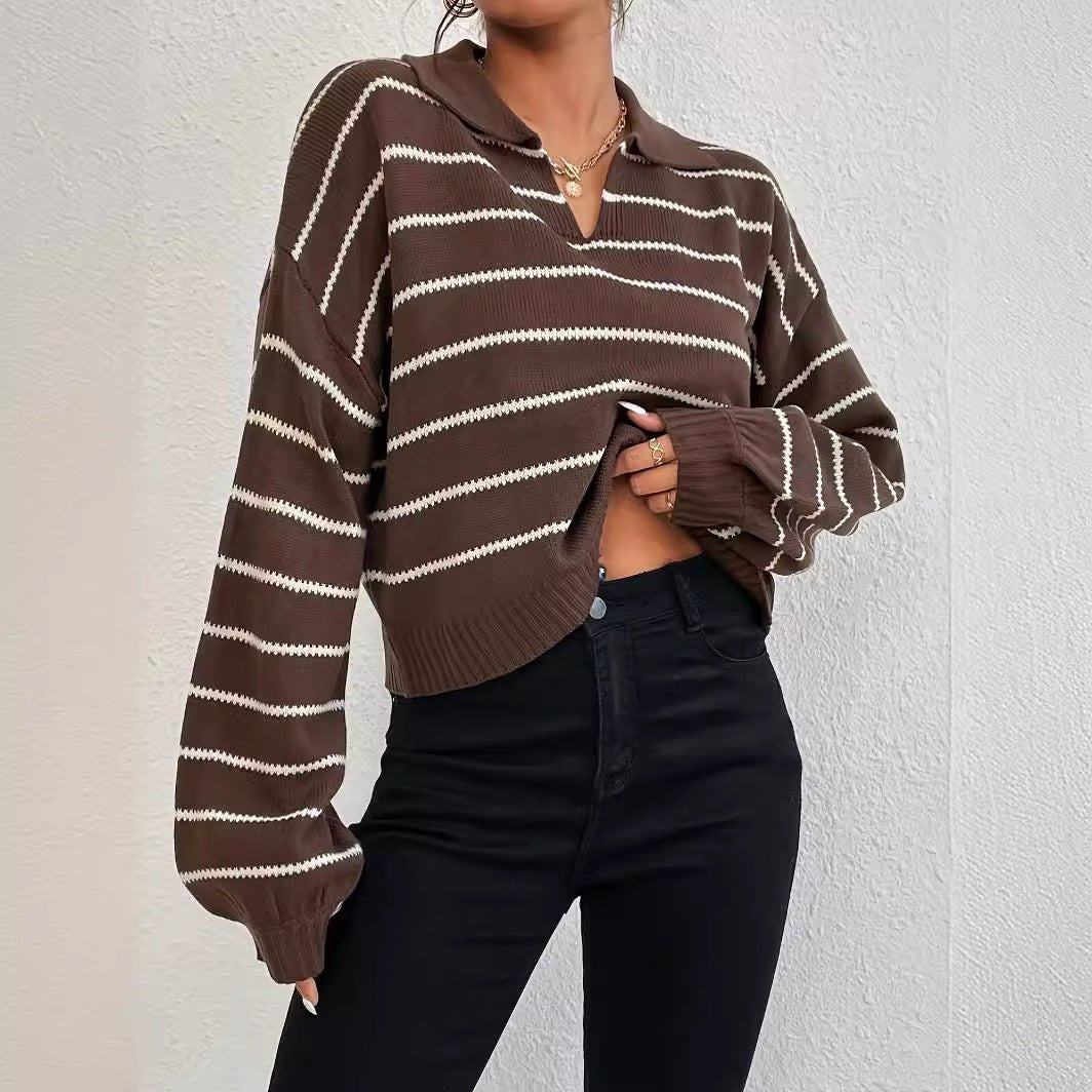 Knitted Sweater - Striped Loose Lapel - MRC STORESweaters & HoodiesMy StoreA woman wearing a brown striped knitted sweater with a loose lapel, paired with black pants and accessories.MRC STORECJMY235556304DWBrownL