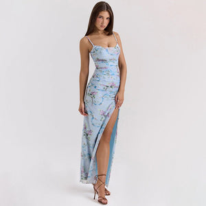 Lace Dress - Floral Sling Slim Waist - MRC STOREDressMy StoreA woman's blue floral lace dress with a sling neckline, sleeveless design, and a high waist. The dress features a grid - like lace pattern and a split at the front.MRC STORECJLY235229503CXBlueL