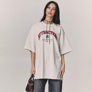 Letter T-Shirt - Loose Shoulder Printed Top - MRC STORET-ShirtsMy StoreWoman wearing a beige oversized t-shirt with text on a plain backgroundMRC STORECJCS204529003CXGray And WhiteL