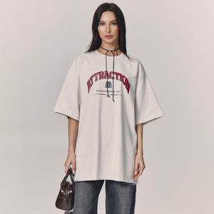 Letter T-Shirt - Loose Shoulder Printed Top - MRC STORET-ShirtsMy StoreWoman wearing a beige oversized t-shirt with a graphic design on a plain backgroundMRC STORECJCS204529003CXGray And WhiteL