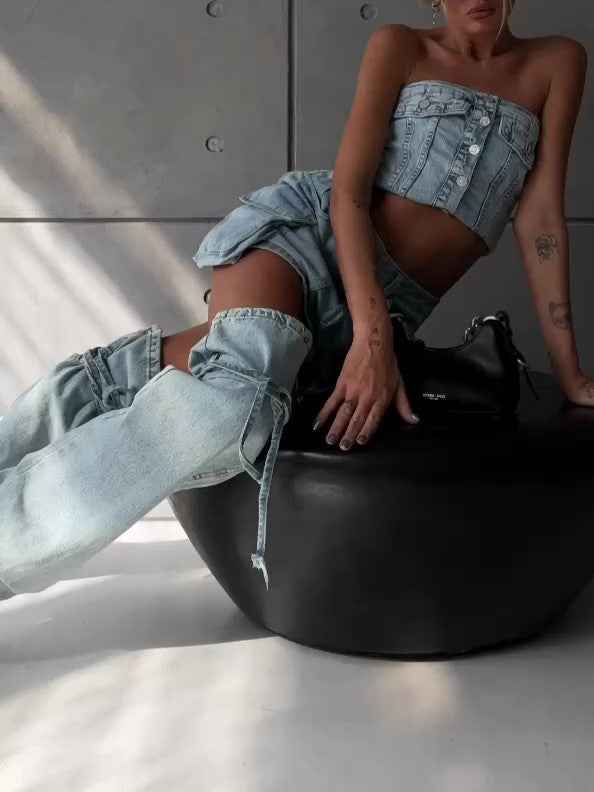 Light Blue Distressed Denim Corset & Cargo Set - MRC STOREsetMRC STORELight Blue Distressed Denim Corset & Cargo SetMRC STORECJTZ258439506FULight Blue2XL