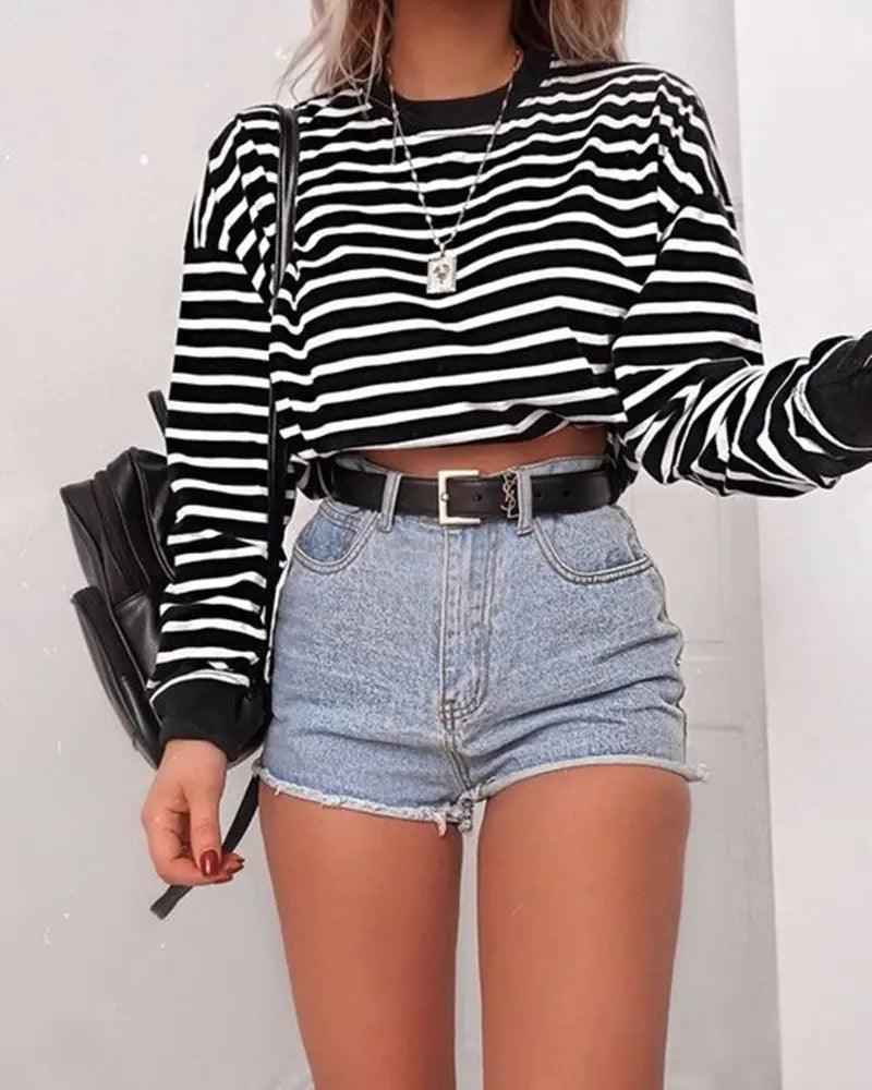 Long Sleeve Crop Top T-Shirts - MRC STOREtopMRC STORELong Sleeve Crop Top T-ShirtsMRC STORECJNSSYCS08259-Stripes-LStripesL