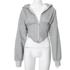 Long Sleeve Zipper Hooded Cardigan - Ultra Short Casual Top - MRC STORE