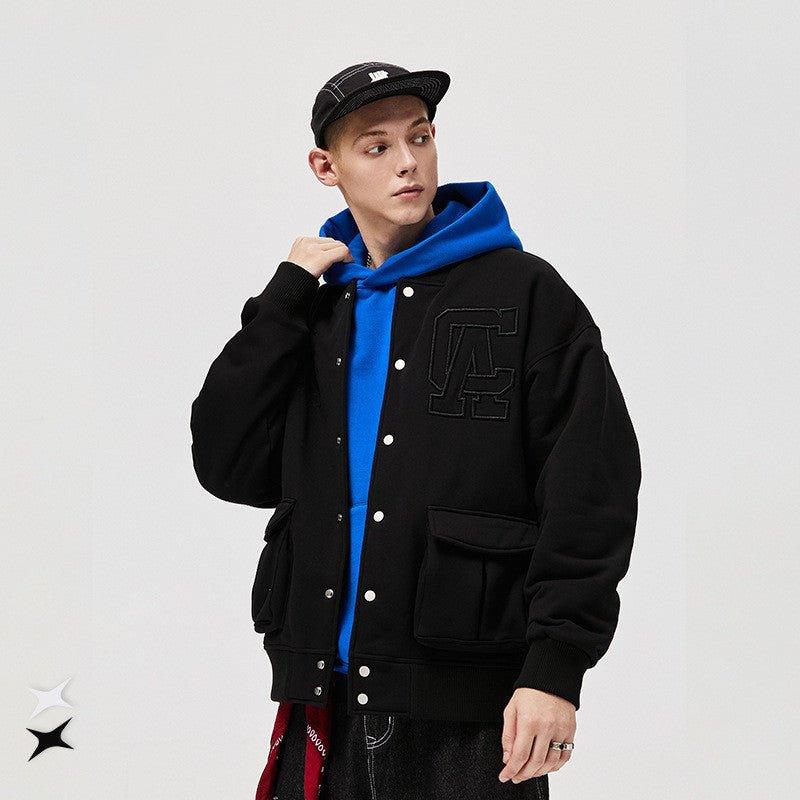 Loose Fit Letter Embroidered Baseball Jacket - MRC STOREJacketsMy StoreA man wearing a black and blue embroidered baseball jacket with a hood, paired with blue jeans and a red tie.MRC STORECJQB170925305EVBlackL