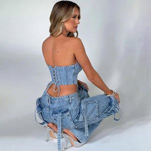 Low Waist Jeans - Tube Top Wide - Leg Set - MRC STOREbottomsMy StoreWomen’s Low Waist Jeans - Tube Top Wide - Leg Set My Store MRC STORECJNZ197175706FUBlack PantsL