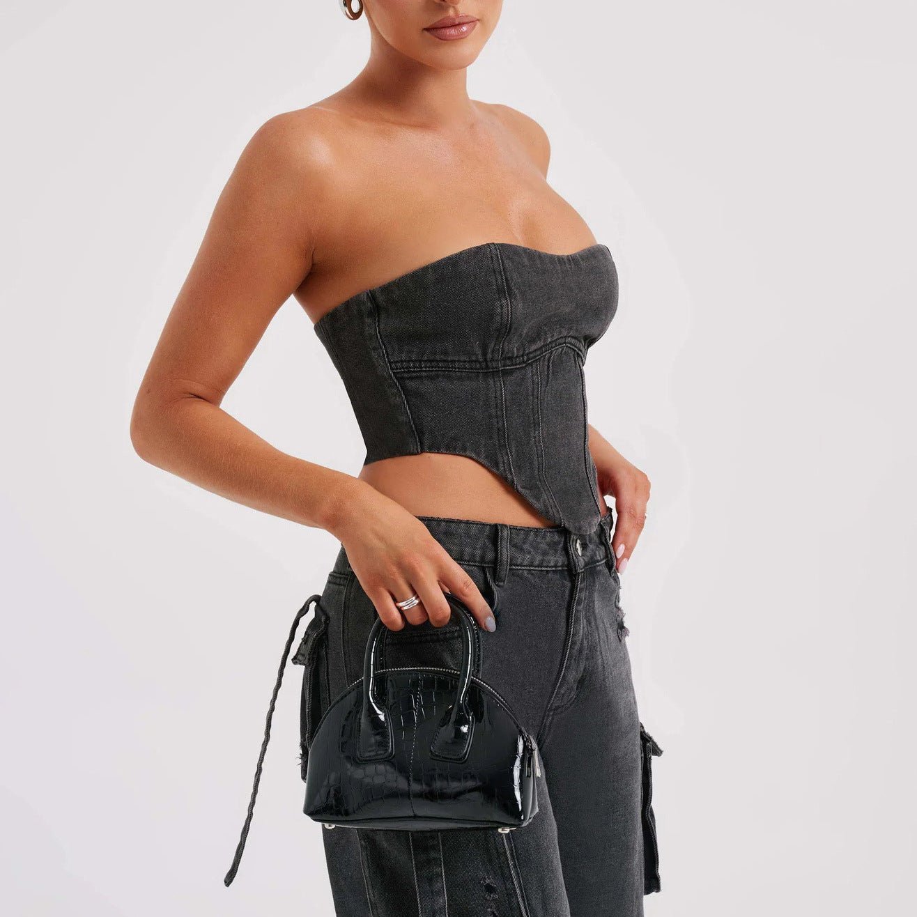 Low Waist Jeans - Tube Top Wide - Leg Set - MRC STOREbottomsMy StoreWoman wearing a black strapless top and high - waisted jeans against a white backgroundMRC STORECJNZ197175706FUBlack PantsL