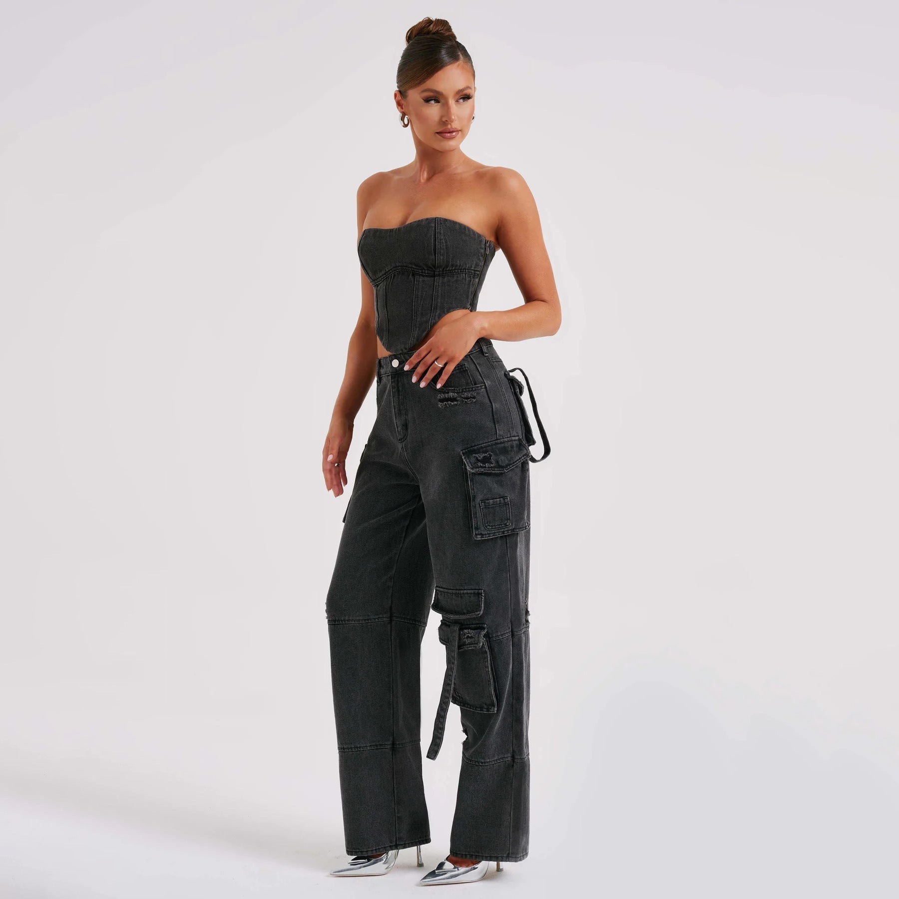 Low Waist Jeans - Tube Top Wide - Leg Set - MRC STOREbottomsMy StoreWoman wearing a black strapless jumpsuit with cargo pockets on a white backgroundMRC STORECJNZ197175706FUBlack PantsL