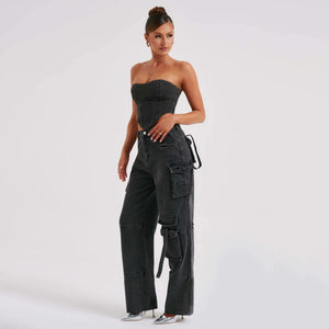 Low Waist Jeans - Tube Top Wide - Leg Set - MRC STOREbottomsMy StoreWoman wearing a black strapless jumpsuit with cargo pockets on a white backgroundMRC STORECJNZ197175706FUBlack PantsL