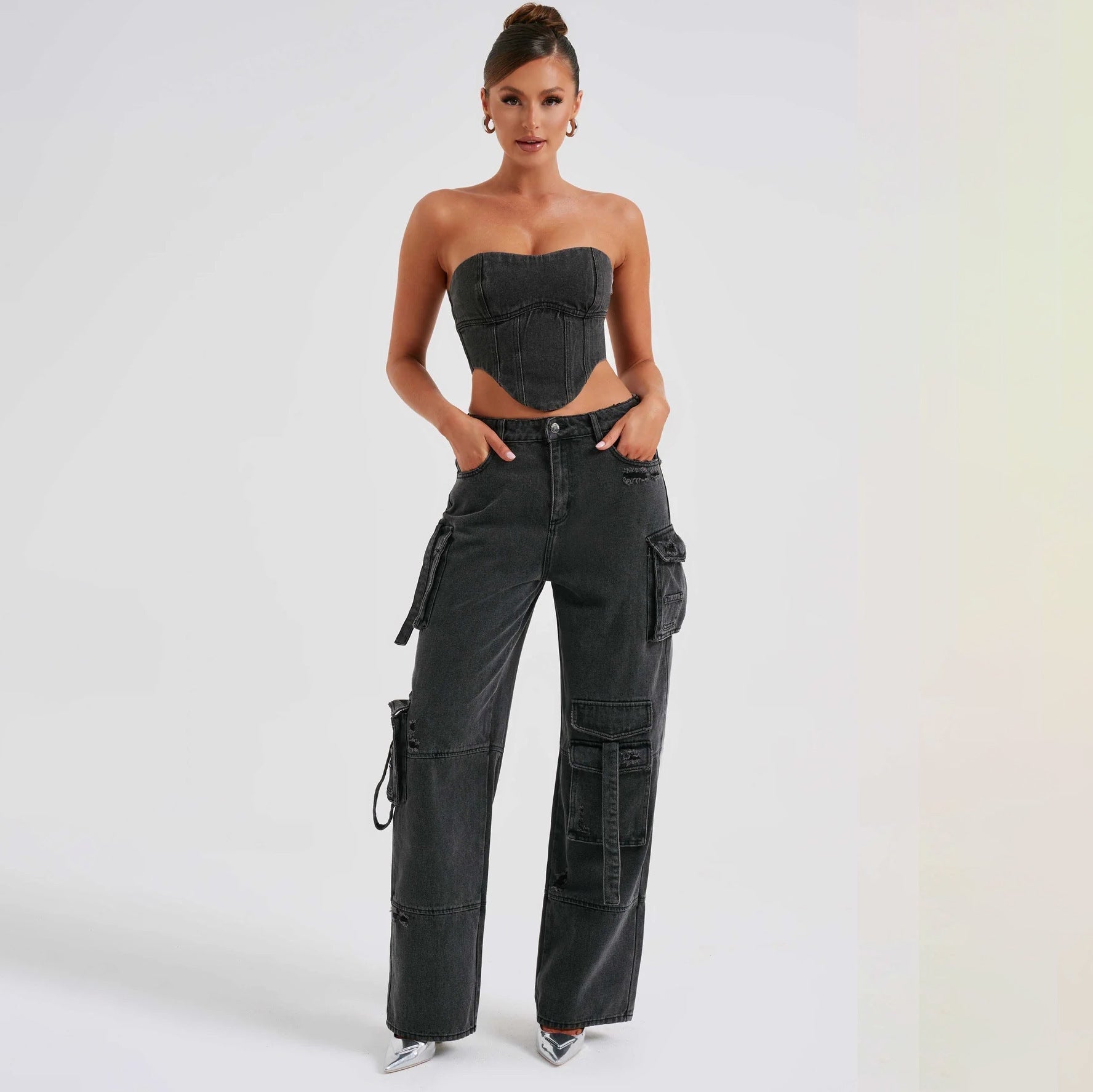 Low Waist Jeans - Tube Top Wide - Leg Set - MRC STOREbottomsMy StoreWoman wearing a black strapless top and black cargo pants on a gradient backgroundMRC STORECJNZ197175706FUBlack PantsL