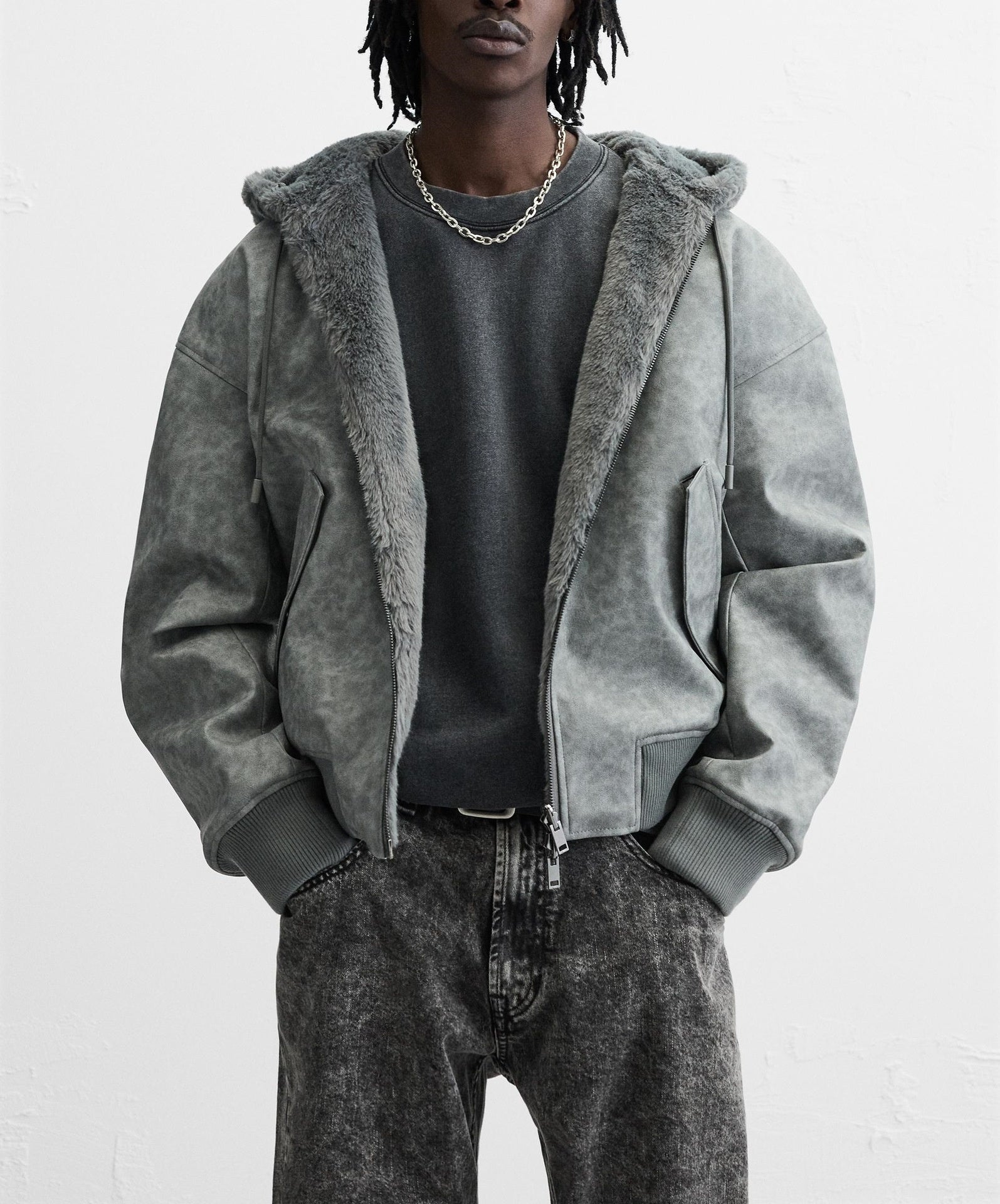 Men's Double - Sided Faux Leather Hooded Bomber Jacket - MRC STOREJacketsMy StoreMen's Double - Sided Faux Leather Hooded Bomber JacketMRC STORECJXZ225145103CXGrayL