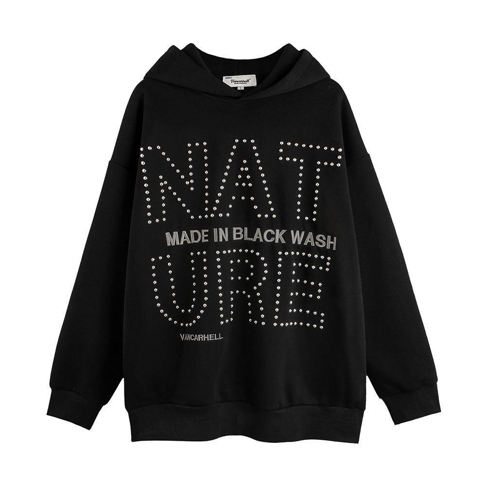 Men's European and American Style Hot Drilling Letter Loose Sweatshirt - Hooded Cotton Blend with Wool Liner - MRC STOREHoodieMy StoreMen's European and American Style Hot Drilling Letter Loose Sweatshirt - Hooded Cotton Blend with Wool Liner - MRC STOREMRC STORECJWY195827206FUBlackL