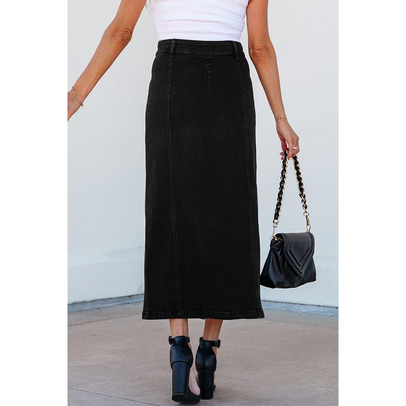 Midi Dress - Button Slit Denim Style - MRC STOREskirtMy StorePerson wearing a black skirt and white top, holding a black handbag against a plain backgroundMRC STORECJQZ238026503CXBlackL
