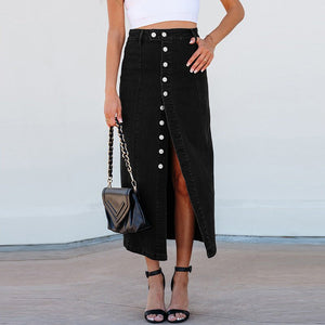 Midi Dress - Button Slit Denim Style - MRC STOREskirtMy StorePerson wearing a black button - up skirt with a white top and black heels, holding a black handbag.MRC STORECJQZ238026503CXBlackL