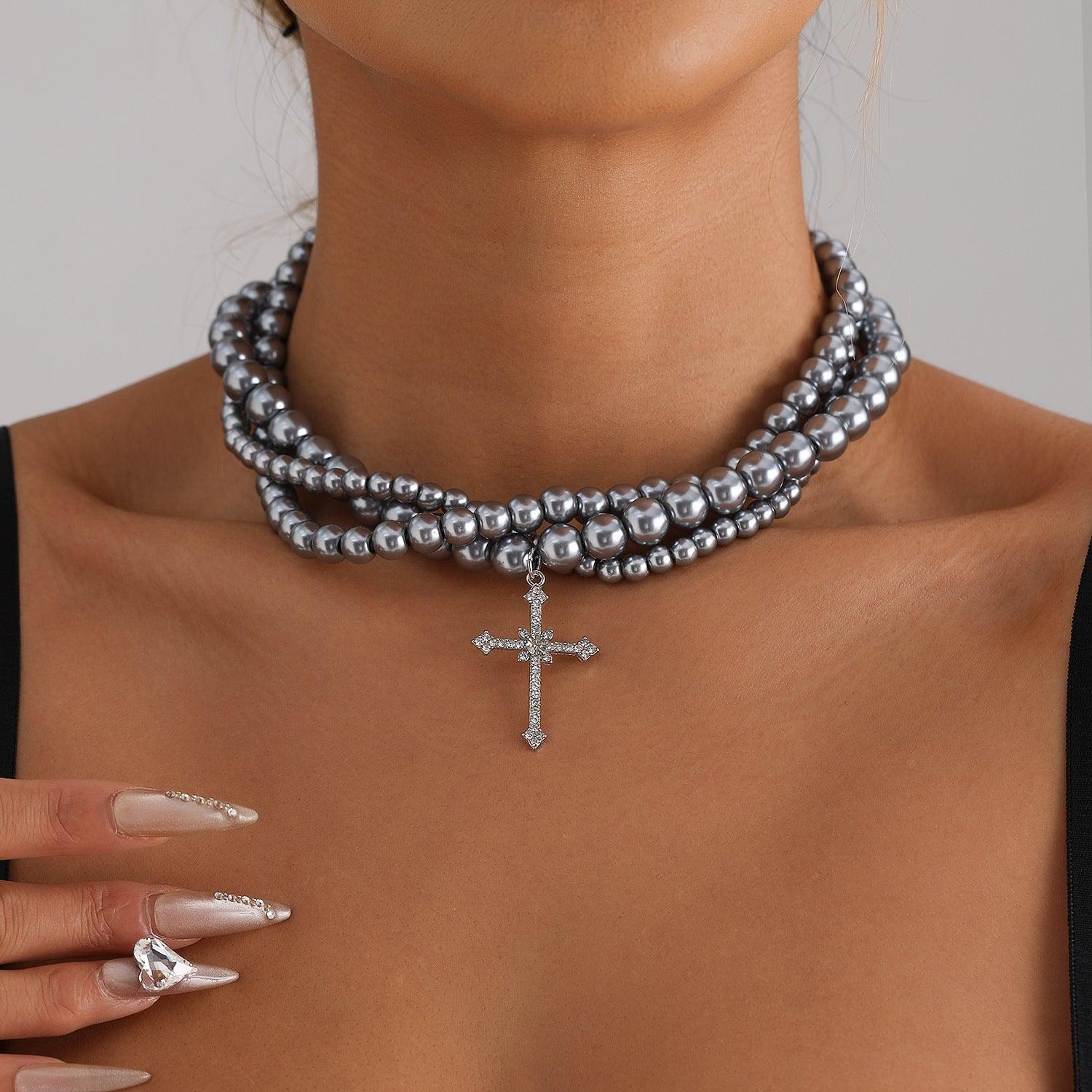 Multi-Layer Painted Glass Beaded Diamond Cross Necklace Clavicle Chain - MRC STORE