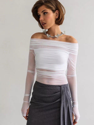 Off - Neck Mesh Slim Fit Top – Long Sleeve - MRC STORETopMy StoreWomen's Solid Color Slim - Fit Off - Neck Mesh Top – Street Fashion Long Sleeve Pullover - MRC STOREMRC STORECJCS227039206FUWhiteL