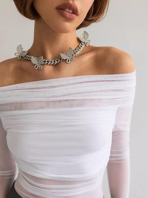 Off - Neck Mesh Slim Fit Top – Long Sleeve - MRC STORETopMy StoreWomen's Solid Color Slim - Fit Off - Neck Mesh Top – Street Fashion Long Sleeve Pullover - MRC STOREMRC STORECJCS227039206FUWhiteL