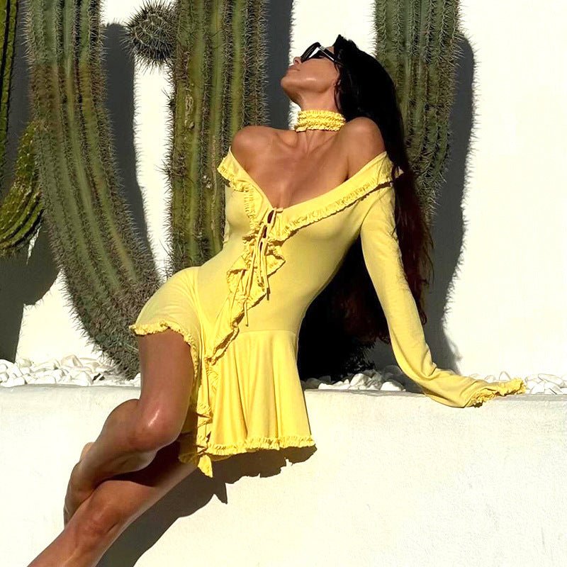 Off - Shoulder Dress Women - Sweetheart Lace - MRC STOREDressMy StoreA woman wearing an off - shoulder dress with a sweetheart lace design in yellow, white, and black colors, featuring long sleeves and a high waist.MRC STORECJLY228734606FUWhiteL