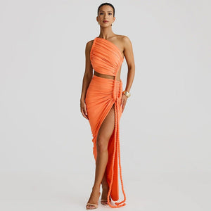 One - Shoulder Dress - Backless Ruched Long - MRC STOREDressMy StoreWoman wearing an orange one - shoulder dress with a slit on a light gray backgroundMRC STORECJLY242112303CXApricotL