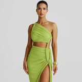 One - Shoulder Dress - Backless Ruched Long - MRC STOREDressMy StoreWoman wearing a green one - shoulder dress with a slit on a plain backgroundMRC STORECJLY242112312LOGreenL
