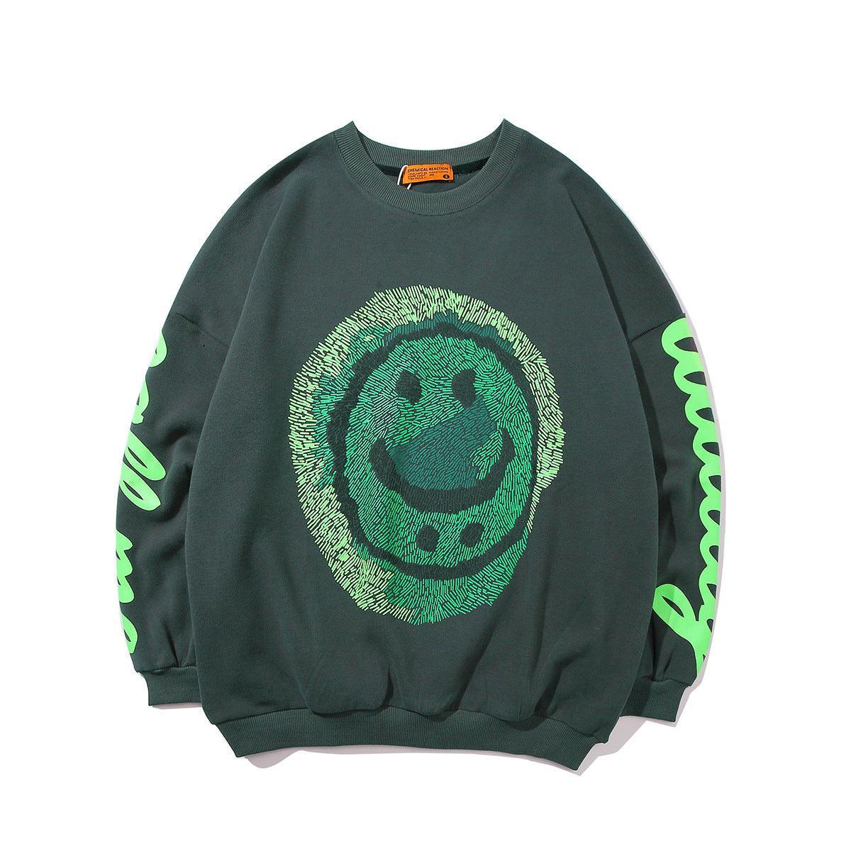 Oversized Smiley Face Graphic Sweatshirt – Bold Black Pullover with Neon Green Print - MRC STORE