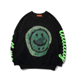 Oversized Smiley Face Graphic Sweatshirt – Bold Black Pullover with Neon Green Print - MRC STORE