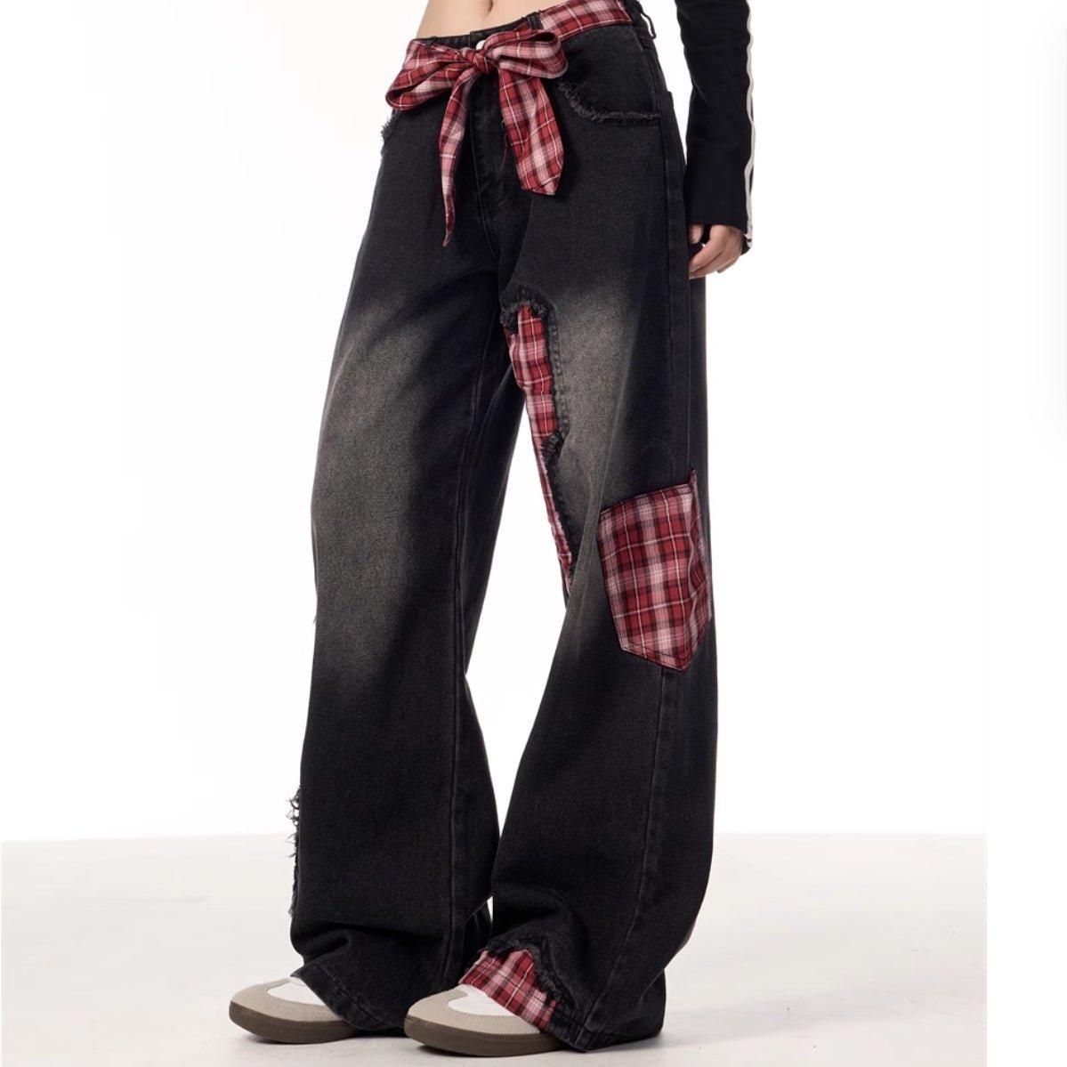 Plaid Stitching Wide Leg Jeans with Bowknot – Sweet & Trendy - MRC STORE