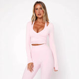 Pleated T-Shirt - Tight Pure Color Top - MRC STORET-ShirtsMRC STOREWoman wearing a pink long - sleeve top and leggings set on a white backgroundMRC STORECJMY237523509IRPinkL