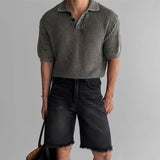Polo Shirt - Honeycomb Knitted Short Sleeve - MRC STOREshirtMy StoreA man wearing a gray honeycomb knitted short - sleeved polo shirt with black collar, and black denim shorts.MRC STORECJYH235045902BYGrayL