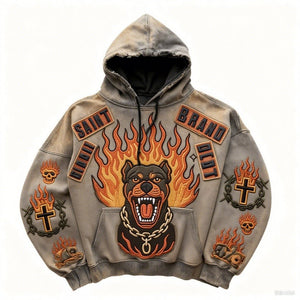 Retro Fiery Dog Design Print Loose Fit Hoodie - MRC STOREHoodieMRC STORERetro Print Loose Fit Hoodie MRC STORE MRC STORECJWY256478802BYKhaki2XL