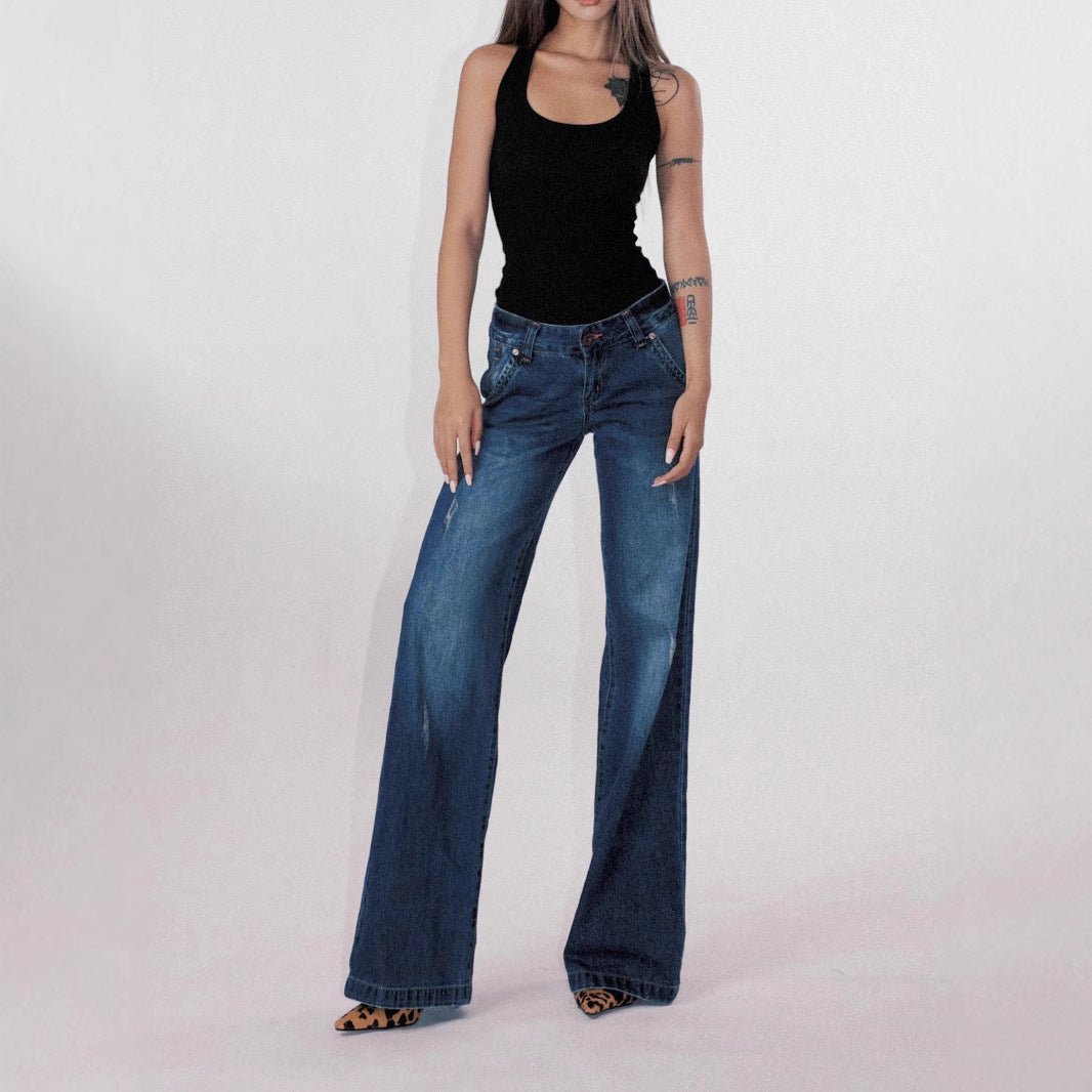 Retro Jeans - Low Waist Washed Blue - MRC STOREjeansMy StoreA woman posing in low waist washed blue retro jeans and a black tank top.MRC STORECJNZ235199003CXDark Blue Common StyleM