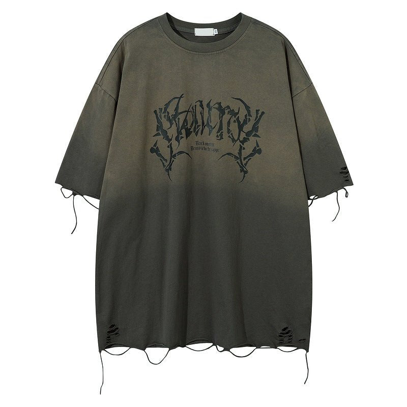 Retro T-Shirt - Tattered Loose Print - MRC STORET-ShirtsMy StoreA men's retro t-shirt with a tattered loose print, featuring a letter pattern in black and gray hues on a dark background, designed for summer leisure.MRC STORECJYH235425010JQGray2XL