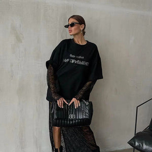 Rhinestone T-Shirt - Loose European Top - MRC STORET-ShirtsMy StoreWoman wearing a black oversized t-shirt and holding a black quilted handbag against a plain backgroundMRC STORECJCS208242003CXT3786 BlackL