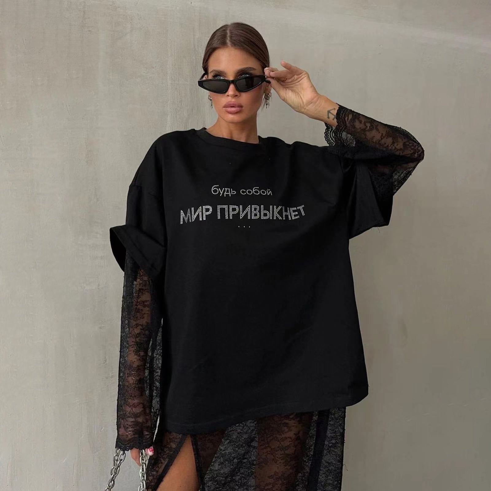 Rhinestone T-Shirt - Loose European Top - MRC STORET-ShirtsMy StorePerson wearing a black oversized sweatshirt with text, standing against a plain backgroundMRC STORECJCS208242003CXT3786 BlackL