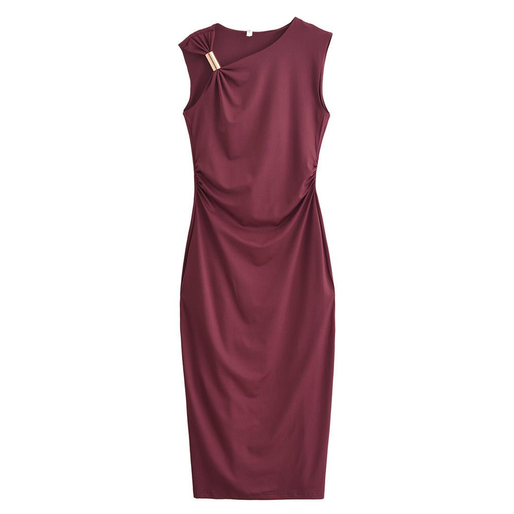 Satin Sleeveless Pleated Dress - MRC STOREDressMRC StoreMaroon dress with a bow detail on a white backgroundMRC STORECJLY254098606FUWine RedL