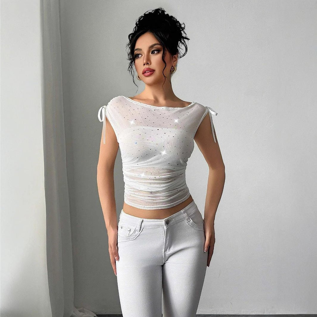 Sequined T-Shirt - Off - Shoulder Mesh - MRC STORET-ShirtsMy StoreWomen’s Sequined T-Shirt - Off - Shoulder Mesh My Store MRC STORECJCS234122003CXWhiteL