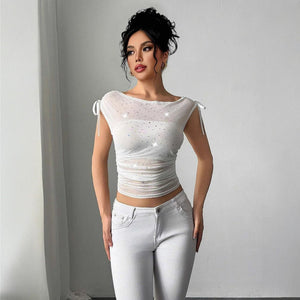 Sequined T-Shirt - Off - Shoulder Mesh - MRC STORET-ShirtsMy StoreWomen’s Sequined T-Shirt - Off - Shoulder Mesh My Store MRC STORECJCS234122003CXWhiteL