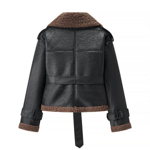 Short Flared Fur - Lined Coat with Collar - MRC STOREJacketsMRC STOREBlack leather jacket with brown shearling trim on a white backgroundMRC STORECJYD254271806FUBlackL