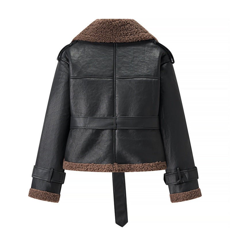 Short Flared Fur - Lined Coat with Collar - MRC STOREJacketsMRC STOREBlack leather jacket with brown shearling trim on a white backgroundMRC STORECJYD254271806FUBlackL