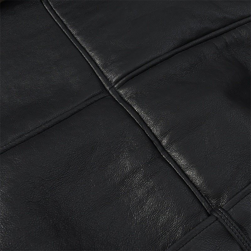 Short Flared Fur - Lined Coat with Collar - MRC STOREJacketsMRC STOREClose - up of black leather textureMRC STORECJYD254271803CXBrownL