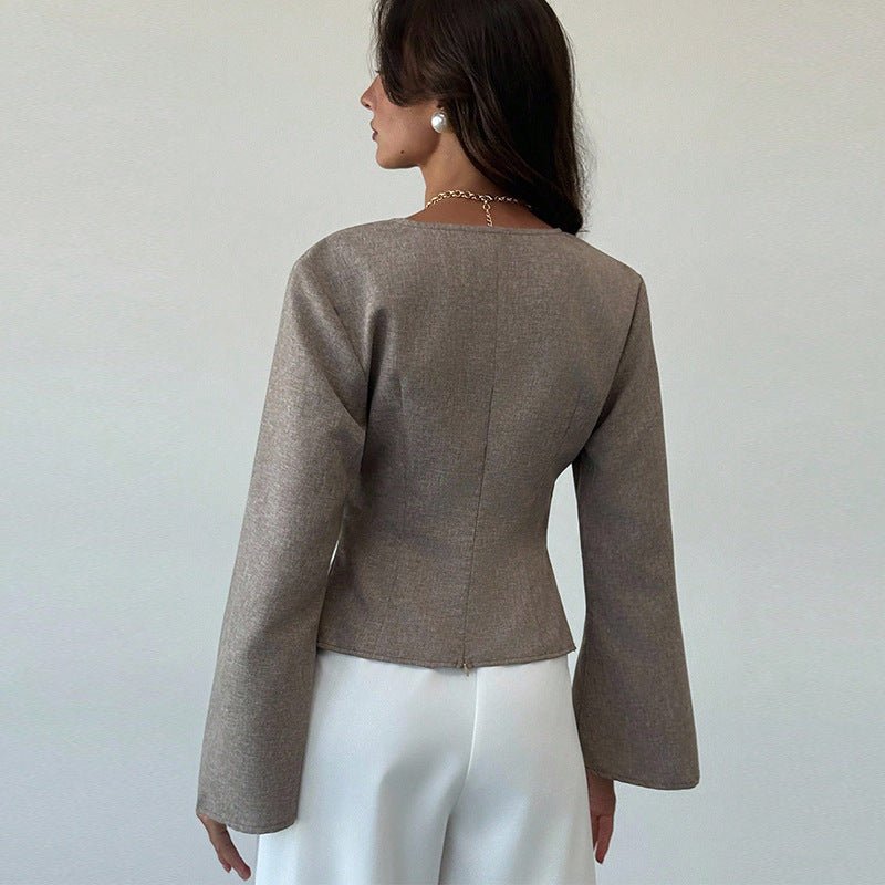 Slim - Fit Flared Sleeve Elegant Knit Top - MRC STORELong SleeveMRC STORESlim - Fit Flared Sleeve Elegant Knit Top MRC STORE MRC STORECJYD258874203CXGrayL