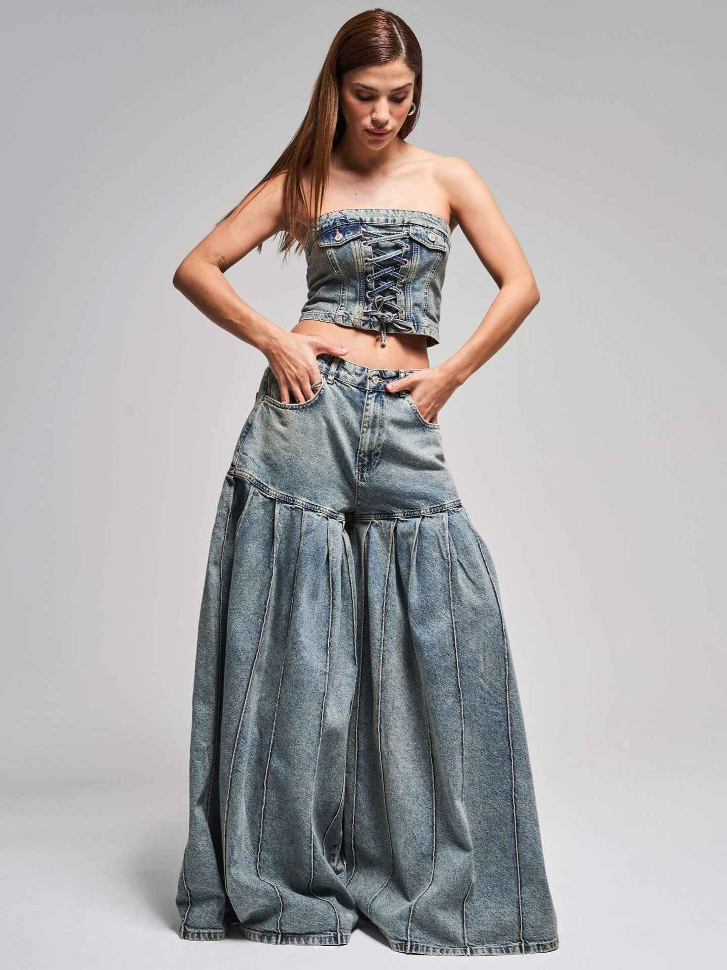 Strapless Denim Corset & Pleated Wide - Leg Set - MRC STOREsetMRC STOREStrapless Denim Corset & Pleated Wide - Leg SetMRC STORECJTZ237629905EVBlue2XL