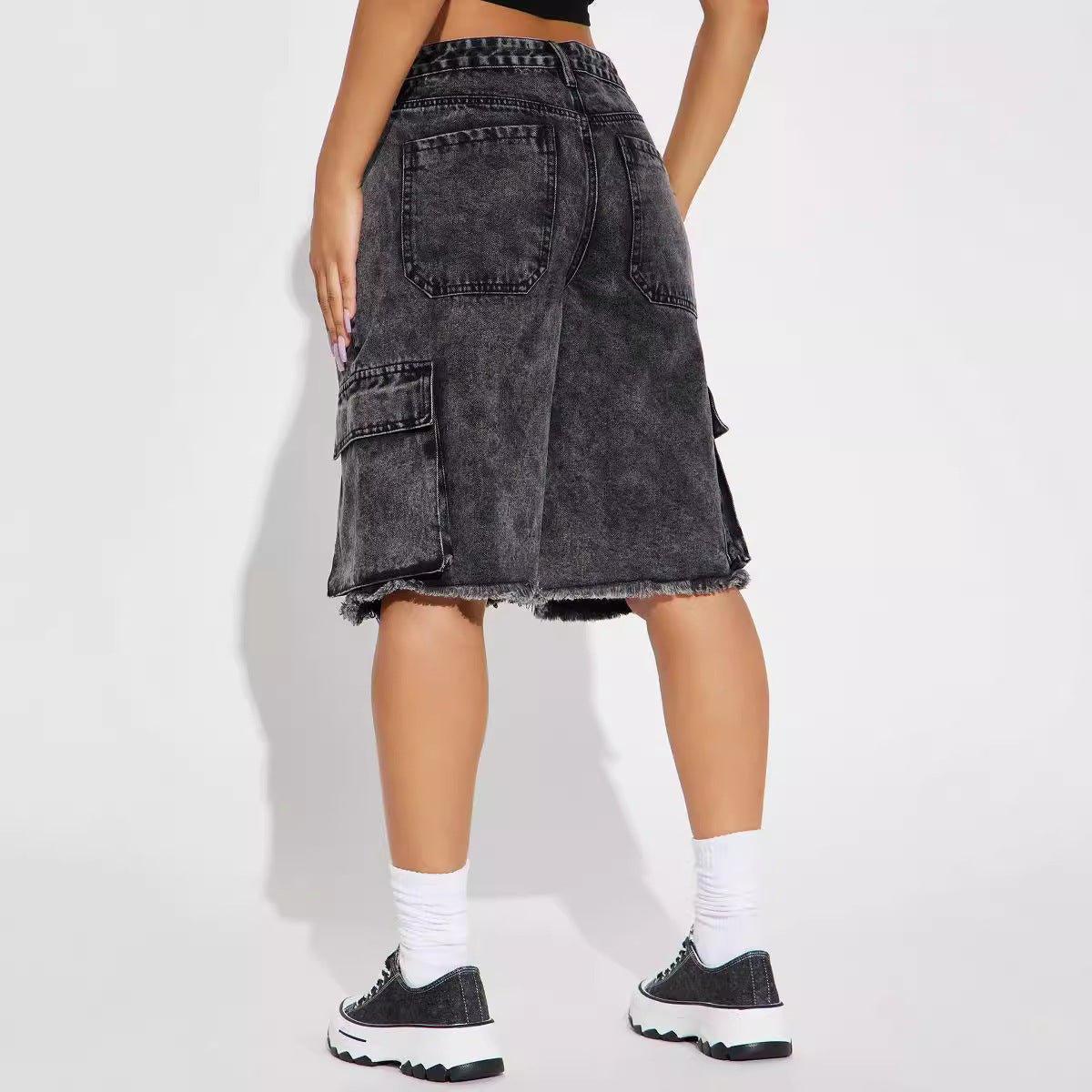 Street Style Frayed Hem Denim Shorts – Black, Cropped & Straight - MRC STORE