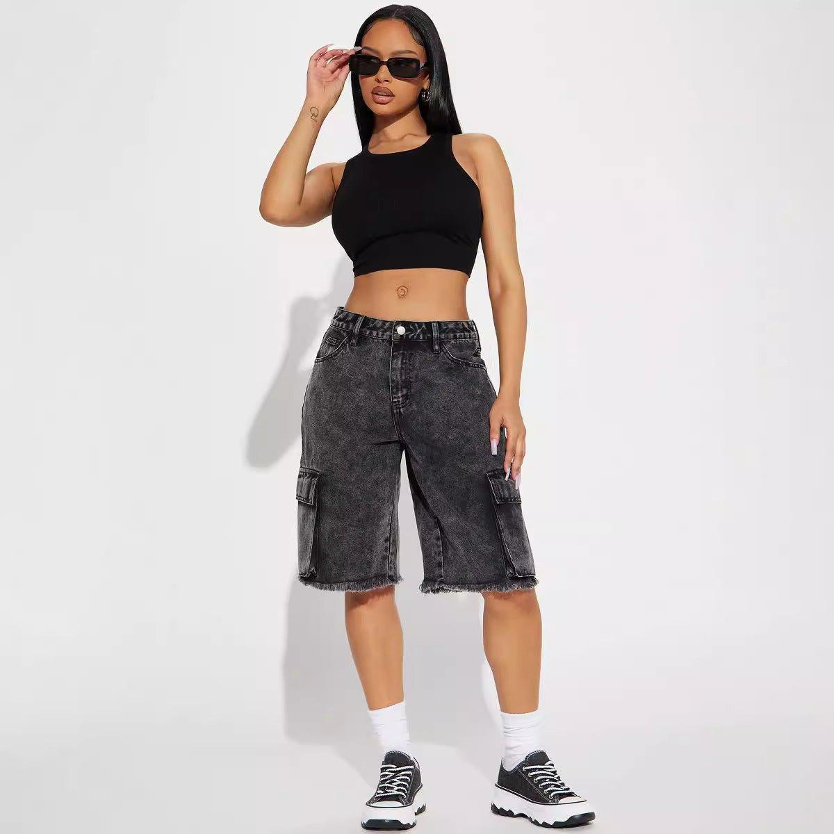 Street Style Frayed Hem Denim Shorts – Black, Cropped & Straight - MRC STORE